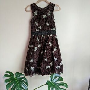 Floral Cocktail Tea Dress with Illusion Neckline